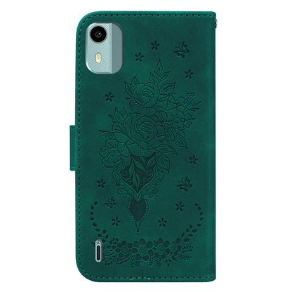 For Nokia C12 4G / C12 Plus / C12 Pro Phone Stand Case Rose Butterfly Imprinted PU Leather Wallet Shell