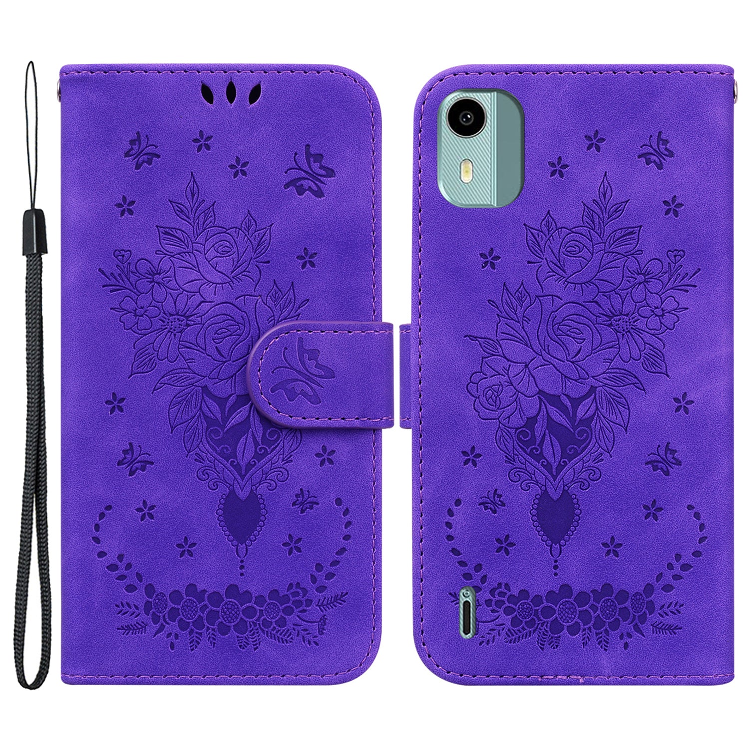 For Nokia C12 4G / C12 Plus / C12 Pro Phone Stand Case Rose Butterfly Imprinted PU Leather Wallet Shell