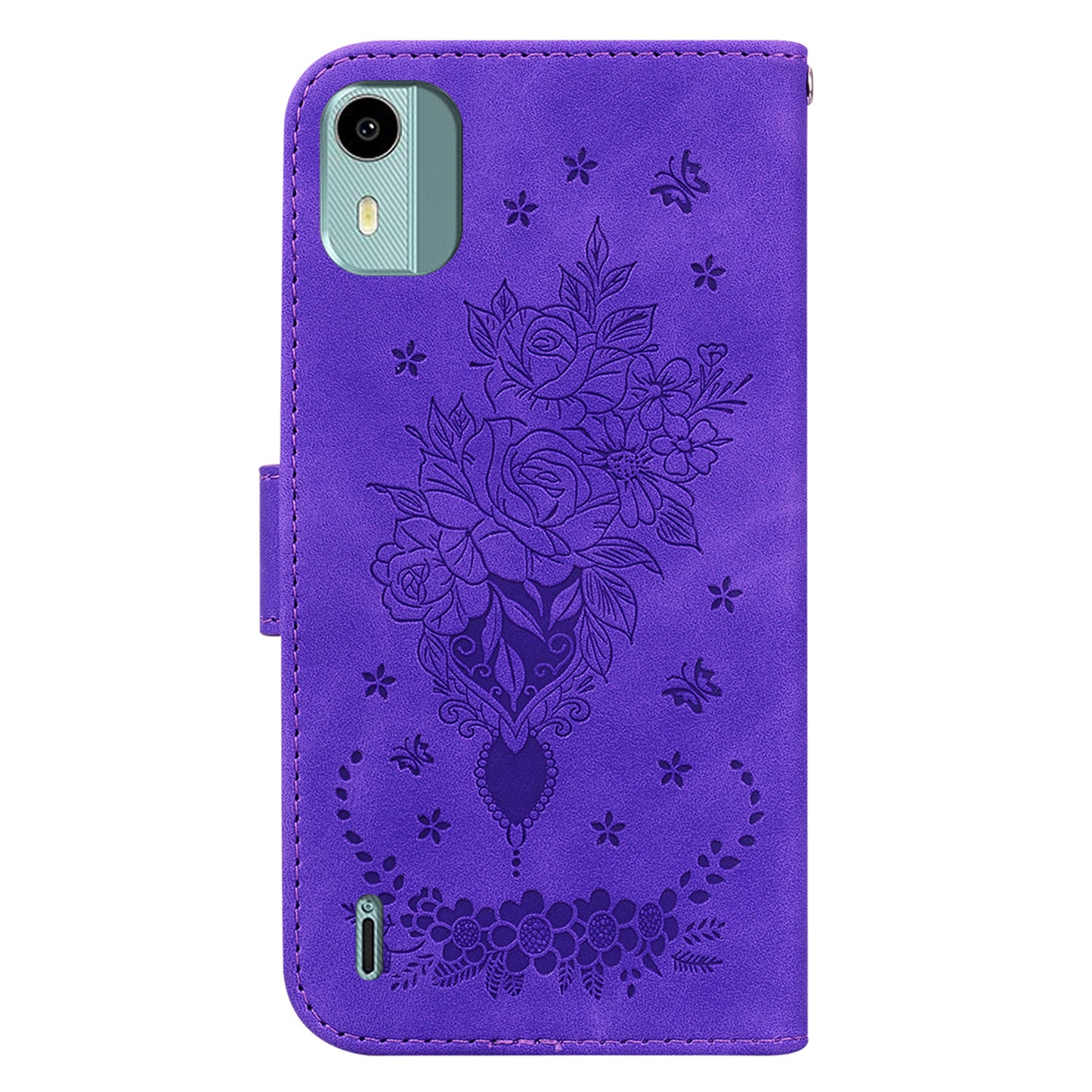 For Nokia C12 4G / C12 Plus / C12 Pro Phone Stand Case Rose Butterfly Imprinted PU Leather Wallet Shell