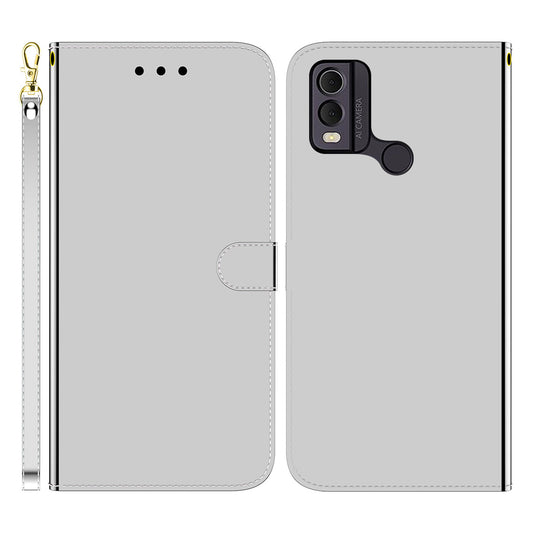 Mirror-Like Surface Phone Case for Nokia C22 , PU Leather Wallet Stand Protective Phone Cover