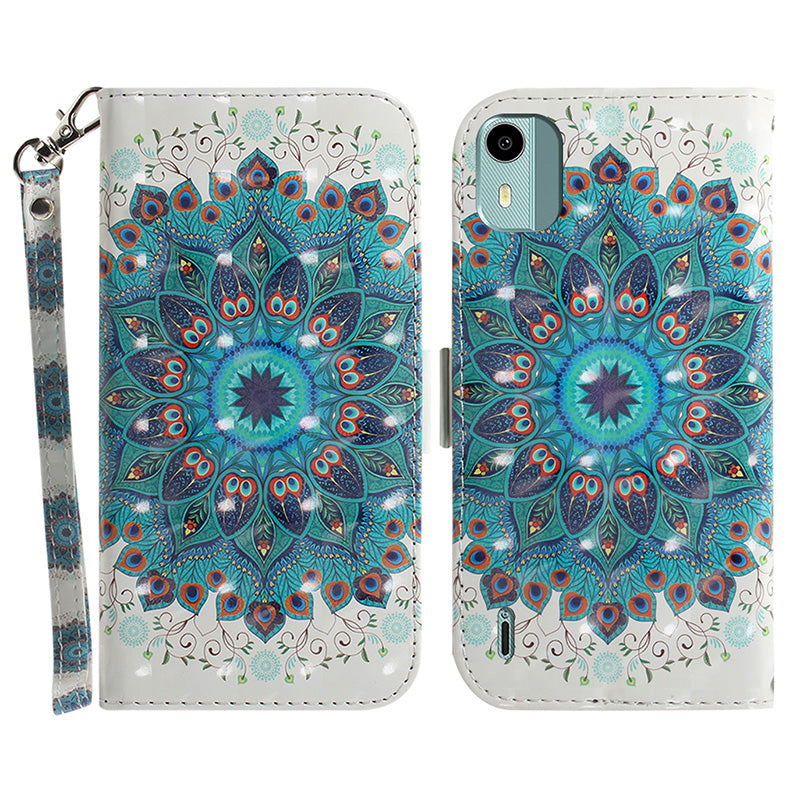 For Nokia C12 4G / C12 Plus / C12 Pro 3D Pattern Printed Leather Cover Stand Wallet Phone Case with Strap