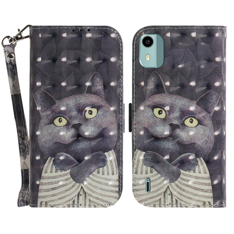 For Nokia C12 4G / C12 Plus / C12 Pro 3D Pattern Printed Leather Cover Stand Wallet Phone Case with Strap