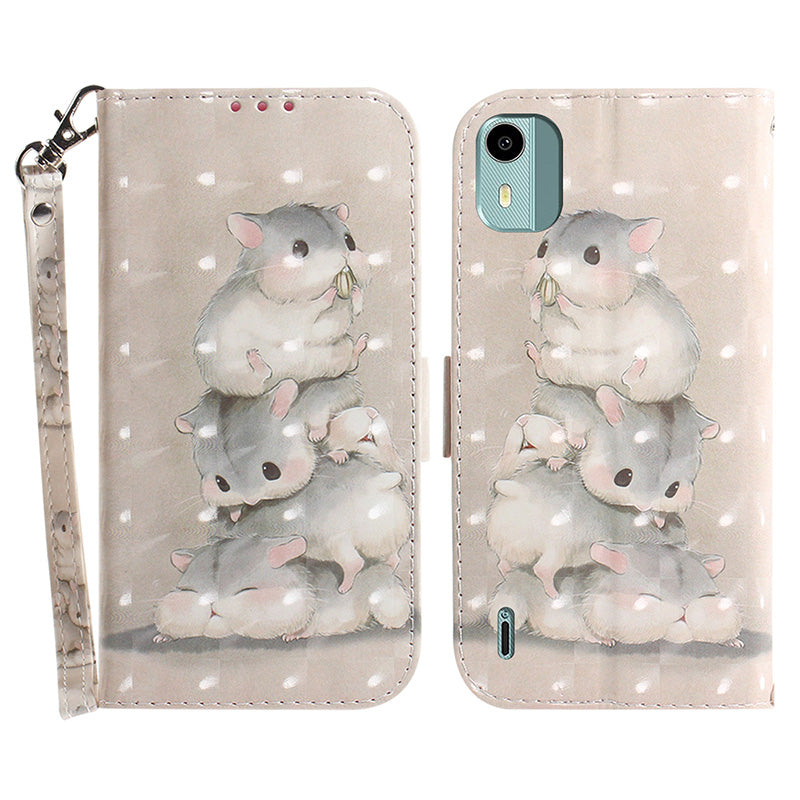 For Nokia C12 4G / C12 Plus / C12 Pro 3D Pattern Printed Leather Cover Stand Wallet Phone Case with Strap