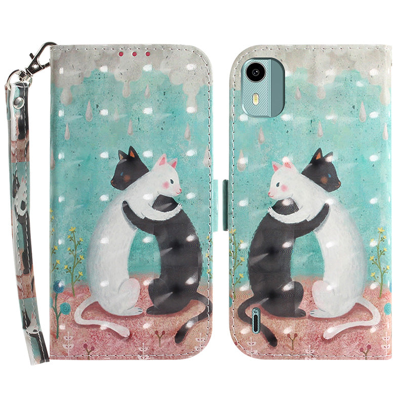 For Nokia C12 4G / C12 Plus / C12 Pro 3D Pattern Printed Leather Cover Stand Wallet Phone Case with Strap