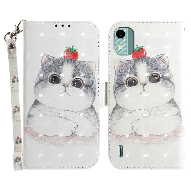 For Nokia C12 4G / C12 Plus / C12 Pro 3D Pattern Printed Leather Cover Stand Wallet Phone Case with Strap