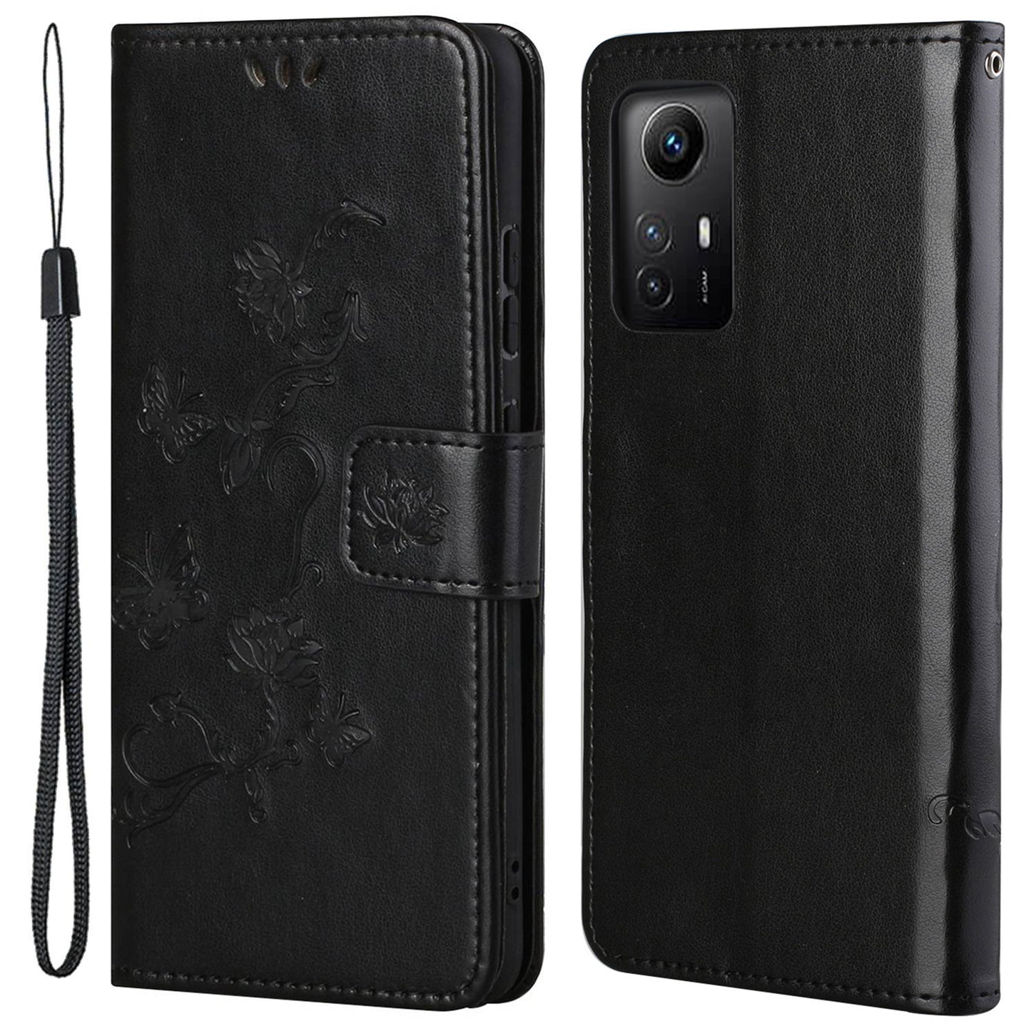 Leather Phone Case for Xiaomi Redmi Note 12S 4G Butterfly Flower Imprinted Flip Stand Wallet Cover
