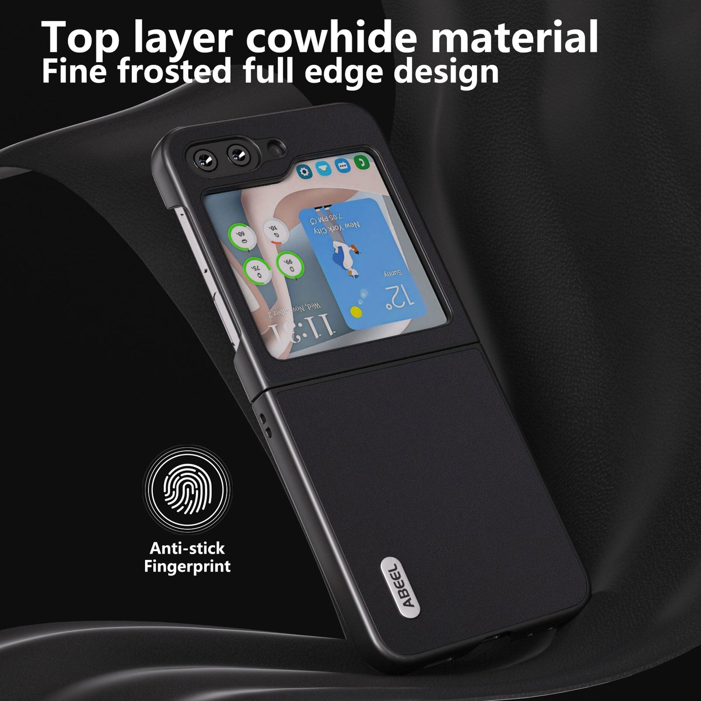 ABEEL For Samsung Galaxy Z Flip5 5G Shockproof Phone Case Cowhide Leather Coated PC Slim Folding Cover