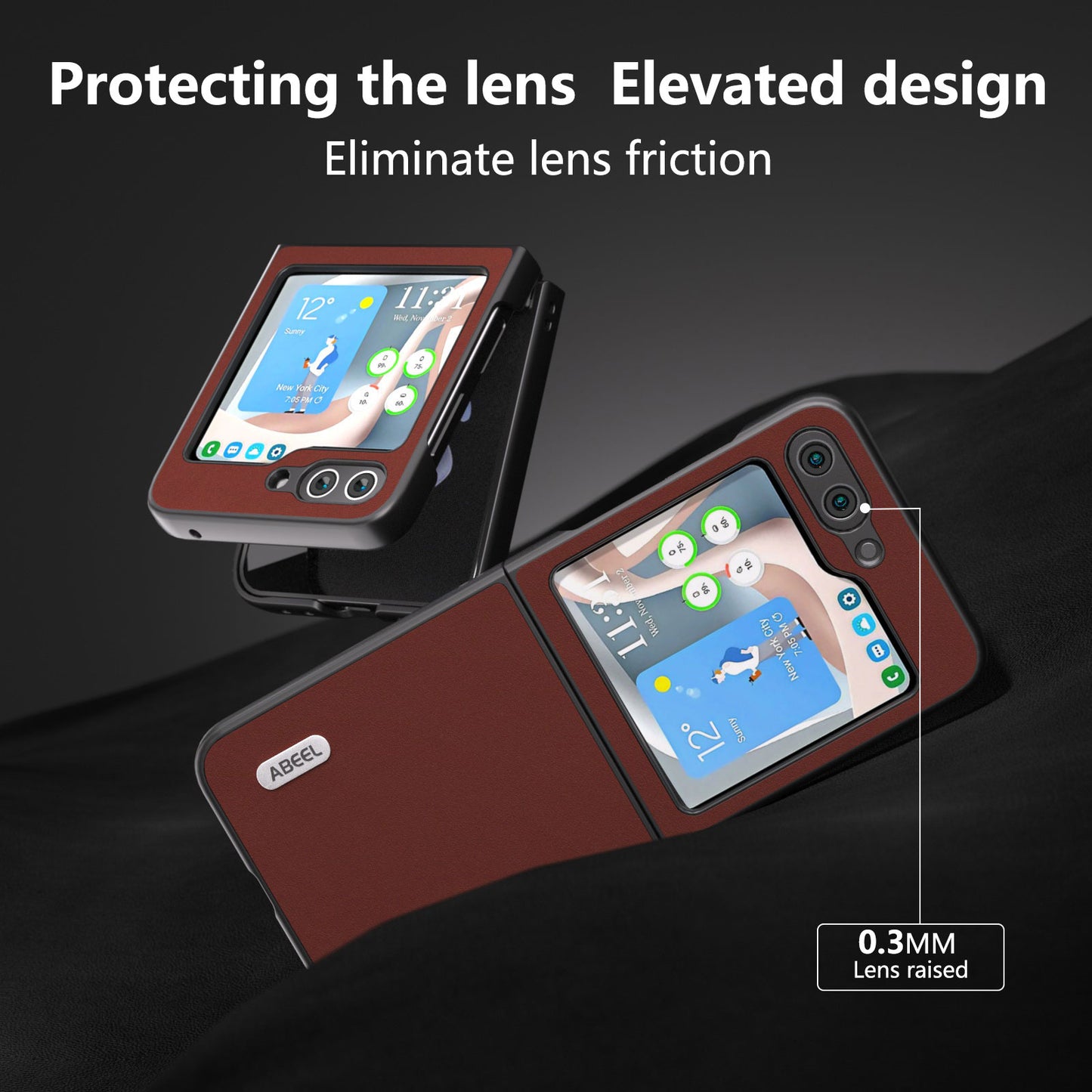 ABEEL For Samsung Galaxy Z Flip5 5G Shockproof Phone Case Cowhide Leather Coated PC Slim Folding Cover