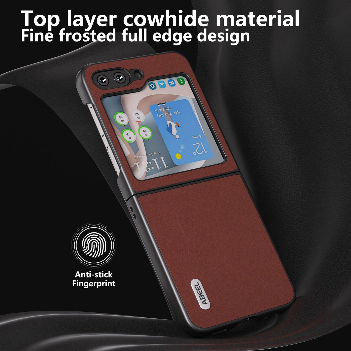 ABEEL For Samsung Galaxy Z Flip5 5G Shockproof Phone Case Cowhide Leather Coated PC Slim Folding Cover