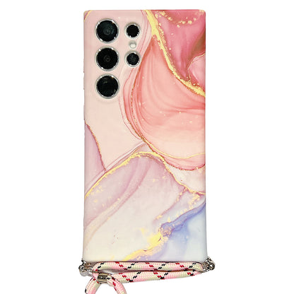 For Samsung Galaxy S23 Ultra Soft TPU Back Case IMD Marble Pattern Phone Cover with Shoulder Strap