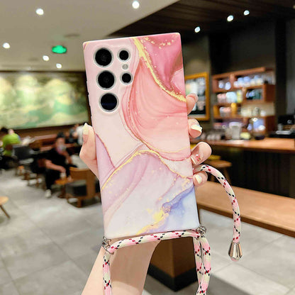For Samsung Galaxy S23 Ultra Soft TPU Back Case IMD Marble Pattern Phone Cover with Shoulder Strap