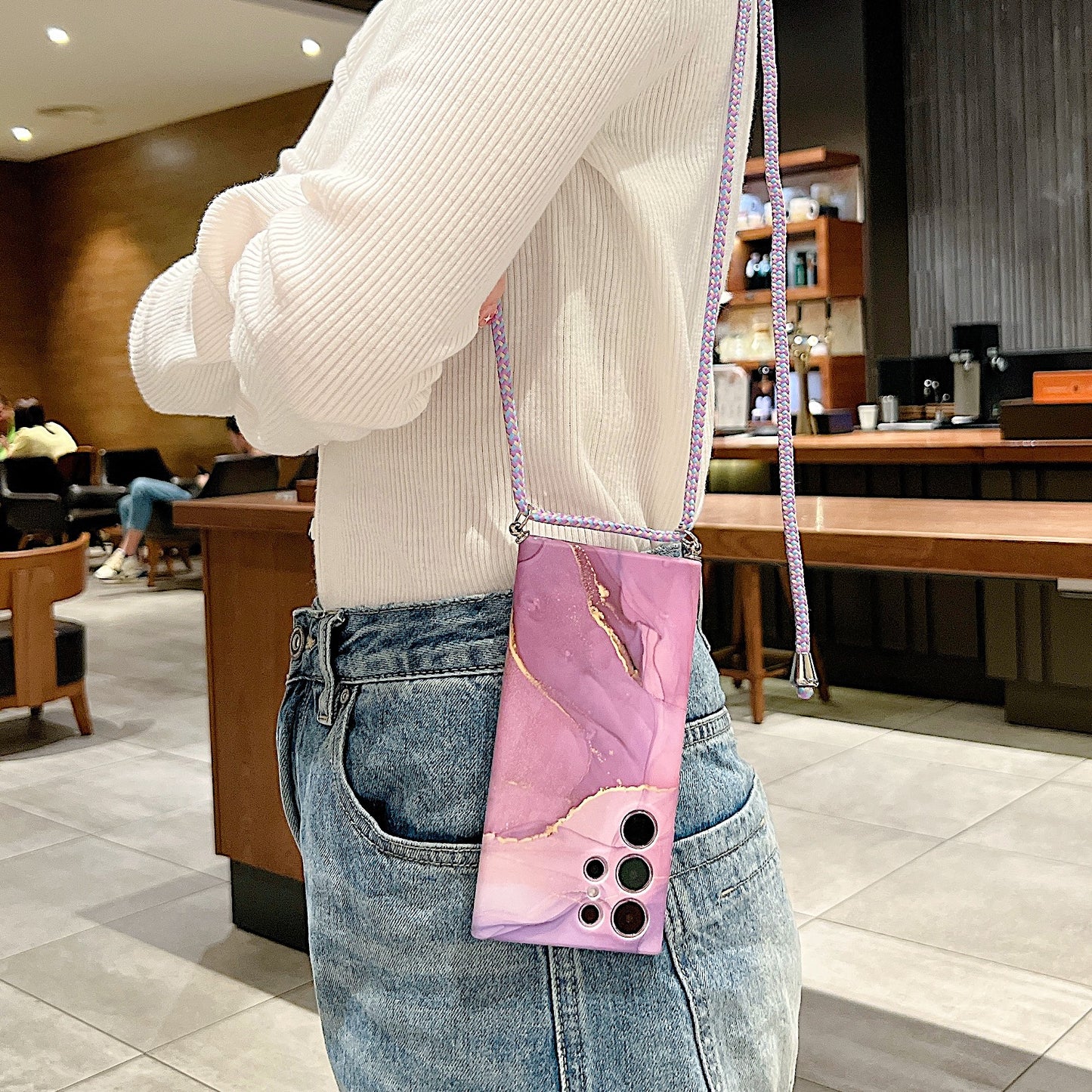 For Samsung Galaxy S23 Ultra Soft TPU Back Case IMD Marble Pattern Phone Cover with Shoulder Strap