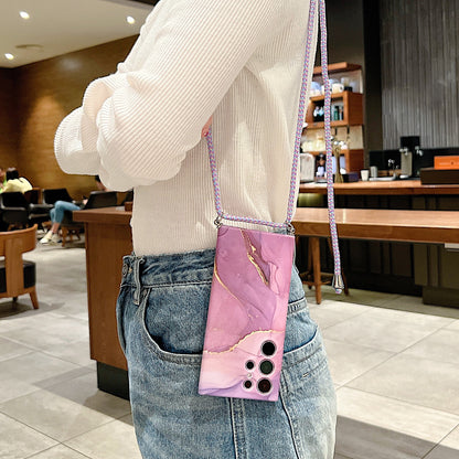 For Samsung Galaxy S23 Ultra Soft TPU Back Case IMD Marble Pattern Phone Cover with Shoulder Strap