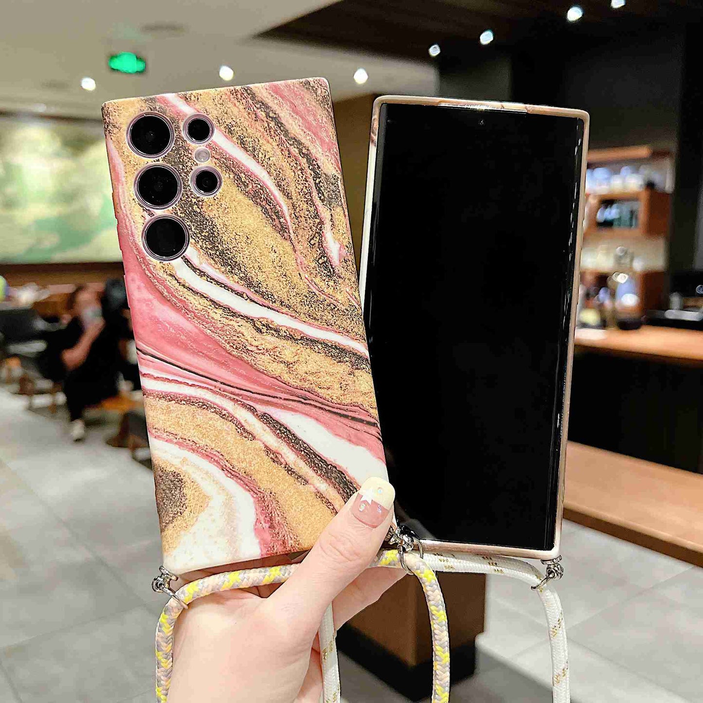 For Samsung Galaxy S23 Ultra Soft TPU Back Case IMD Marble Pattern Phone Cover with Shoulder Strap