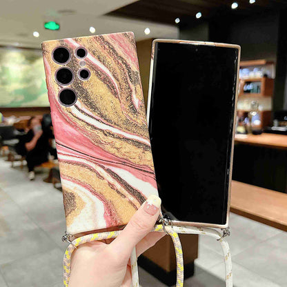 For Samsung Galaxy S23 Ultra Soft TPU Back Case IMD Marble Pattern Phone Cover with Shoulder Strap