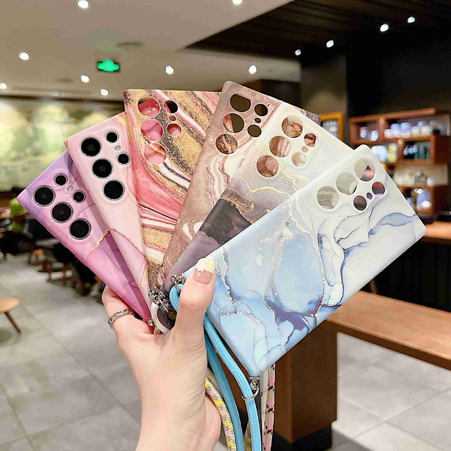 For Samsung Galaxy S23 Ultra Soft TPU Back Case IMD Marble Pattern Phone Cover with Shoulder Strap