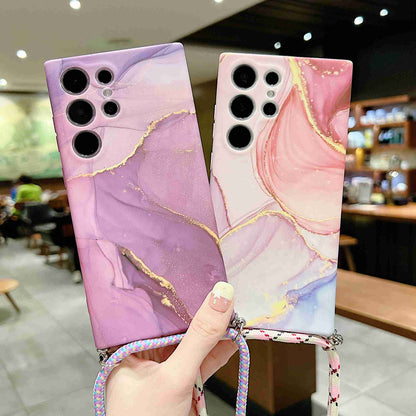 For Samsung Galaxy S23 Ultra Soft TPU Back Case IMD Marble Pattern Phone Cover with Shoulder Strap