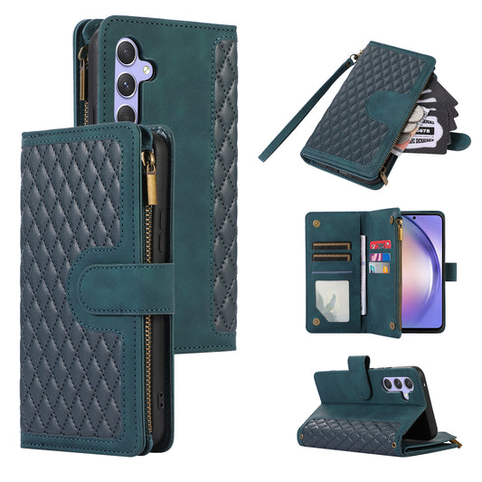 For Samsung Galaxy A34 5G PU Leather 9 Card Slots Zipper Pocket Phone Case Rhombus Imprint Stand Wallet Cover