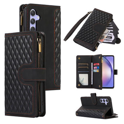 For Samsung Galaxy A34 5G PU Leather 9 Card Slots Zipper Pocket Phone Case Rhombus Imprint Stand Wallet Cover