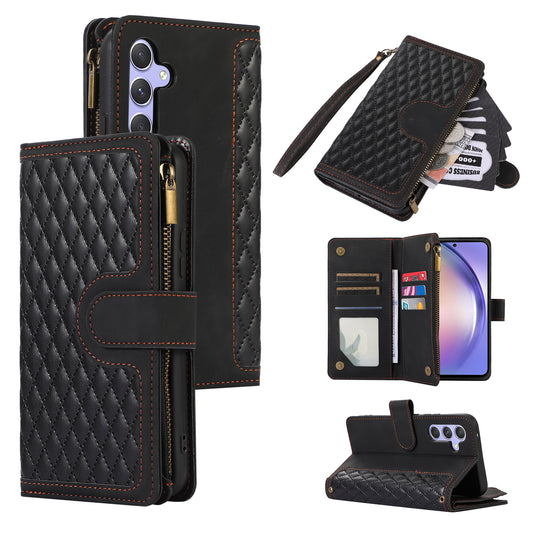 For Samsung Galaxy A34 5G PU Leather 9 Card Slots Zipper Pocket Phone Case Rhombus Imprint Stand Wallet Cover