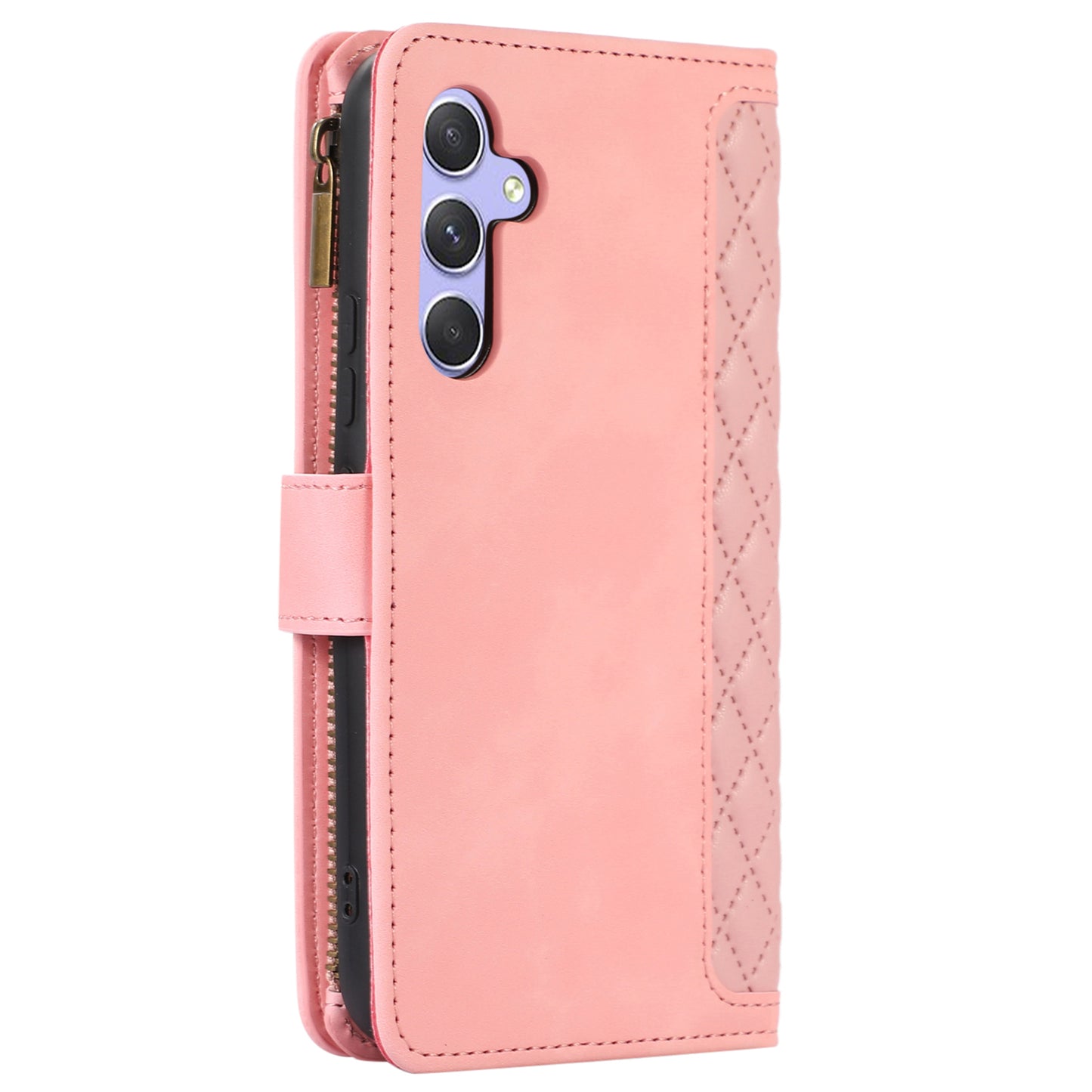 For Samsung Galaxy A34 5G PU Leather 9 Card Slots Zipper Pocket Phone Case Rhombus Imprint Stand Wallet Cover