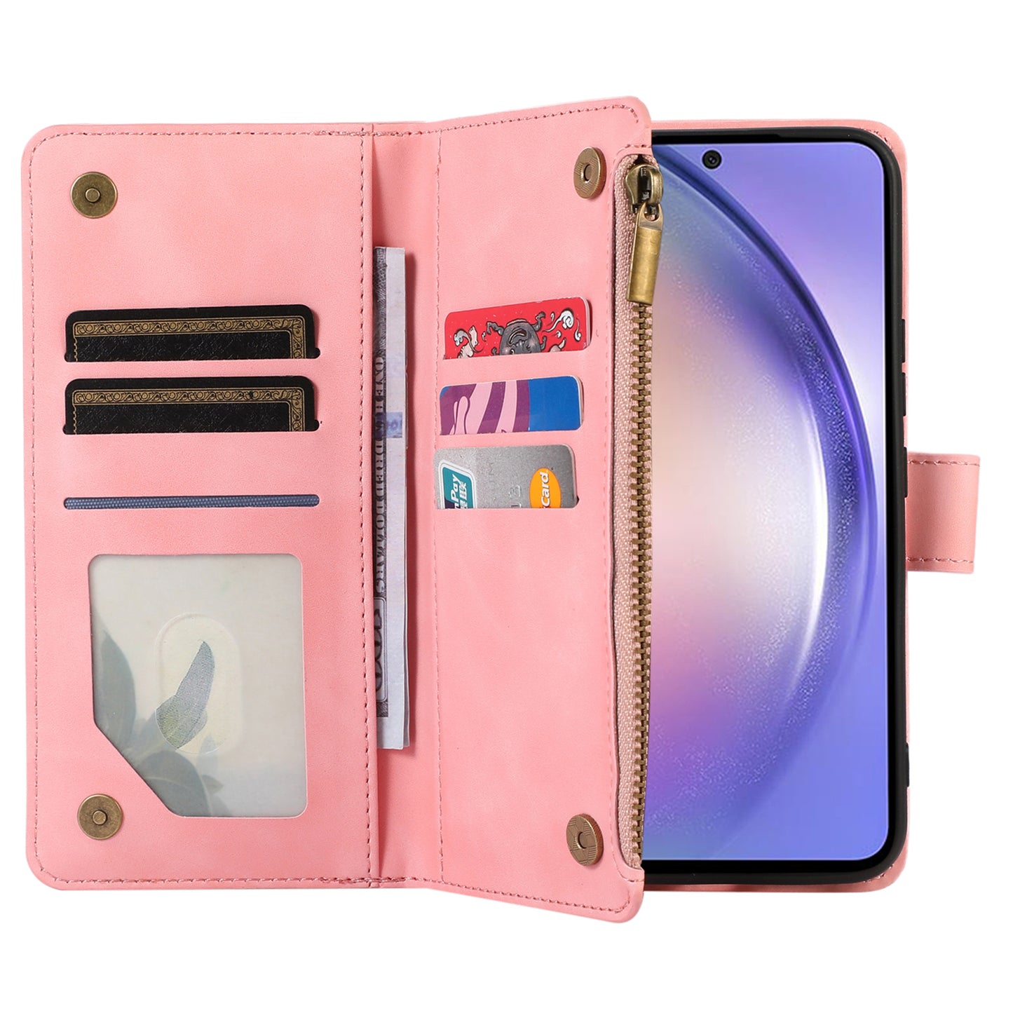 For Samsung Galaxy A34 5G PU Leather 9 Card Slots Zipper Pocket Phone Case Rhombus Imprint Stand Wallet Cover