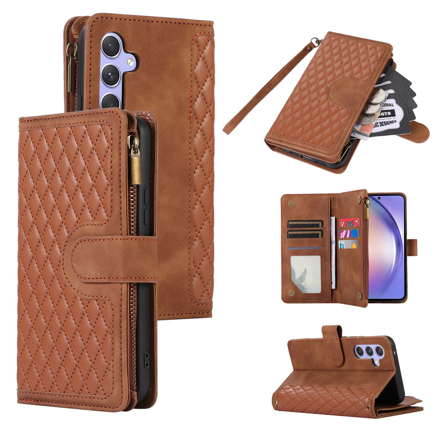 For Samsung Galaxy A34 5G PU Leather 9 Card Slots Zipper Pocket Phone Case Rhombus Imprint Stand Wallet Cover