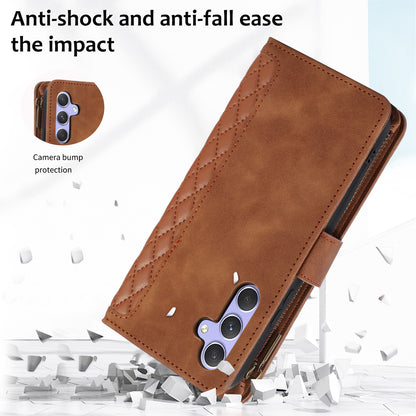 For Samsung Galaxy A34 5G PU Leather 9 Card Slots Zipper Pocket Phone Case Rhombus Imprint Stand Wallet Cover