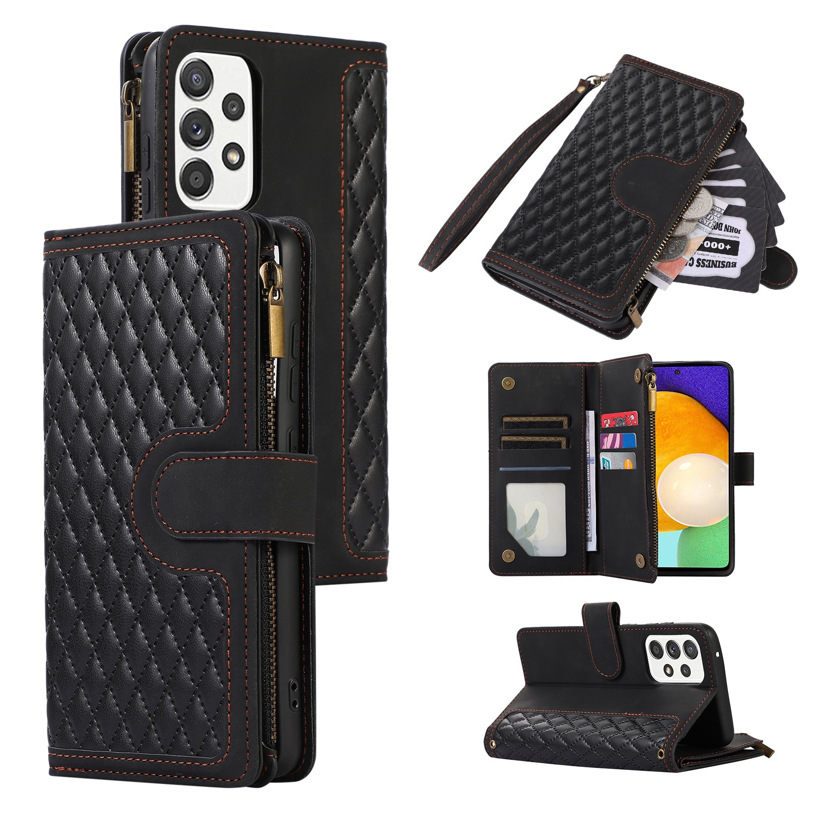 For Samsung Galaxy A52 4G / A52 5G / A52s 5G Zipper Pocket Leather Wallet Phone Case Rhombus Imprinted Stand Cover with 9 Card Slots