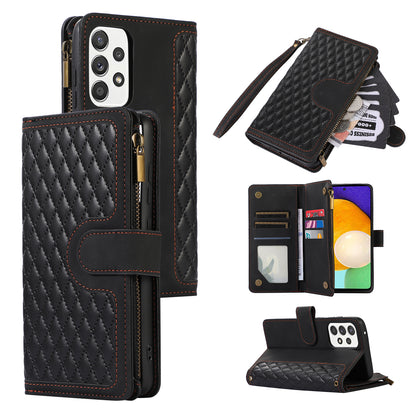 For Samsung Galaxy A52 4G / A52 5G / A52s 5G Zipper Pocket Leather Wallet Phone Case Rhombus Imprinted Stand Cover with 9 Card Slots