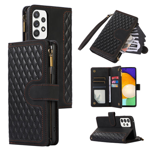 For Samsung Galaxy A52 4G / A52 5G / A52s 5G Zipper Pocket Leather Wallet Phone Case Rhombus Imprinted Stand Cover with 9 Card Slots