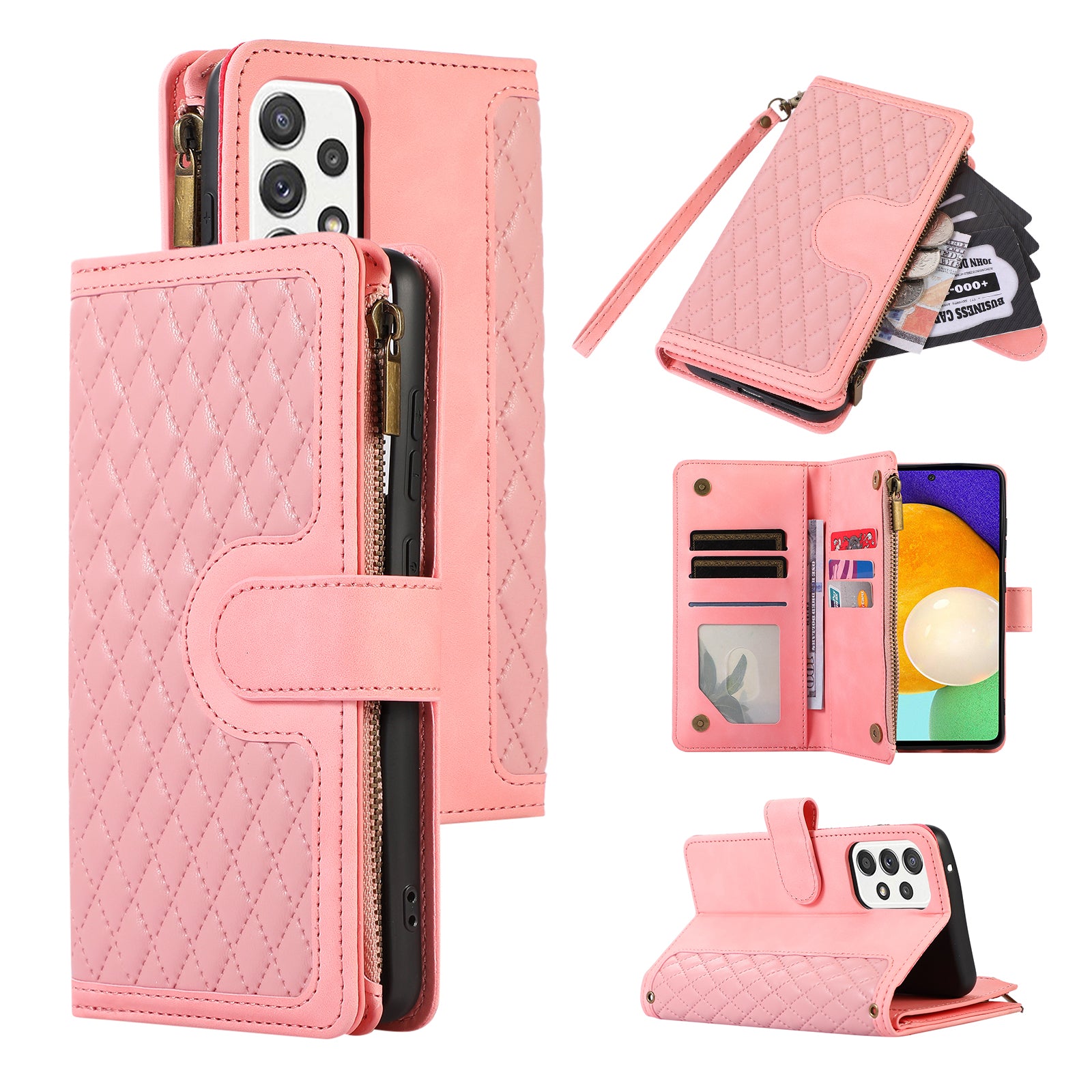 For Samsung Galaxy A52 4G / A52 5G / A52s 5G Zipper Pocket Leather Wallet Phone Case Rhombus Imprinted Stand Cover with 9 Card Slots