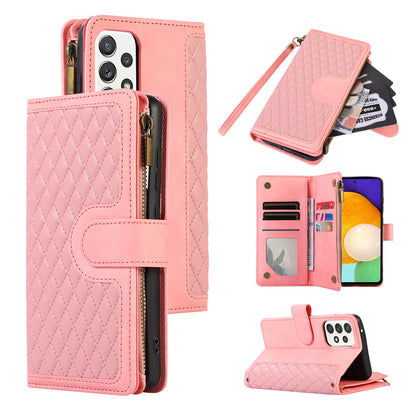 For Samsung Galaxy A52 4G / A52 5G / A52s 5G Zipper Pocket Leather Wallet Phone Case Rhombus Imprinted Stand Cover with 9 Card Slots