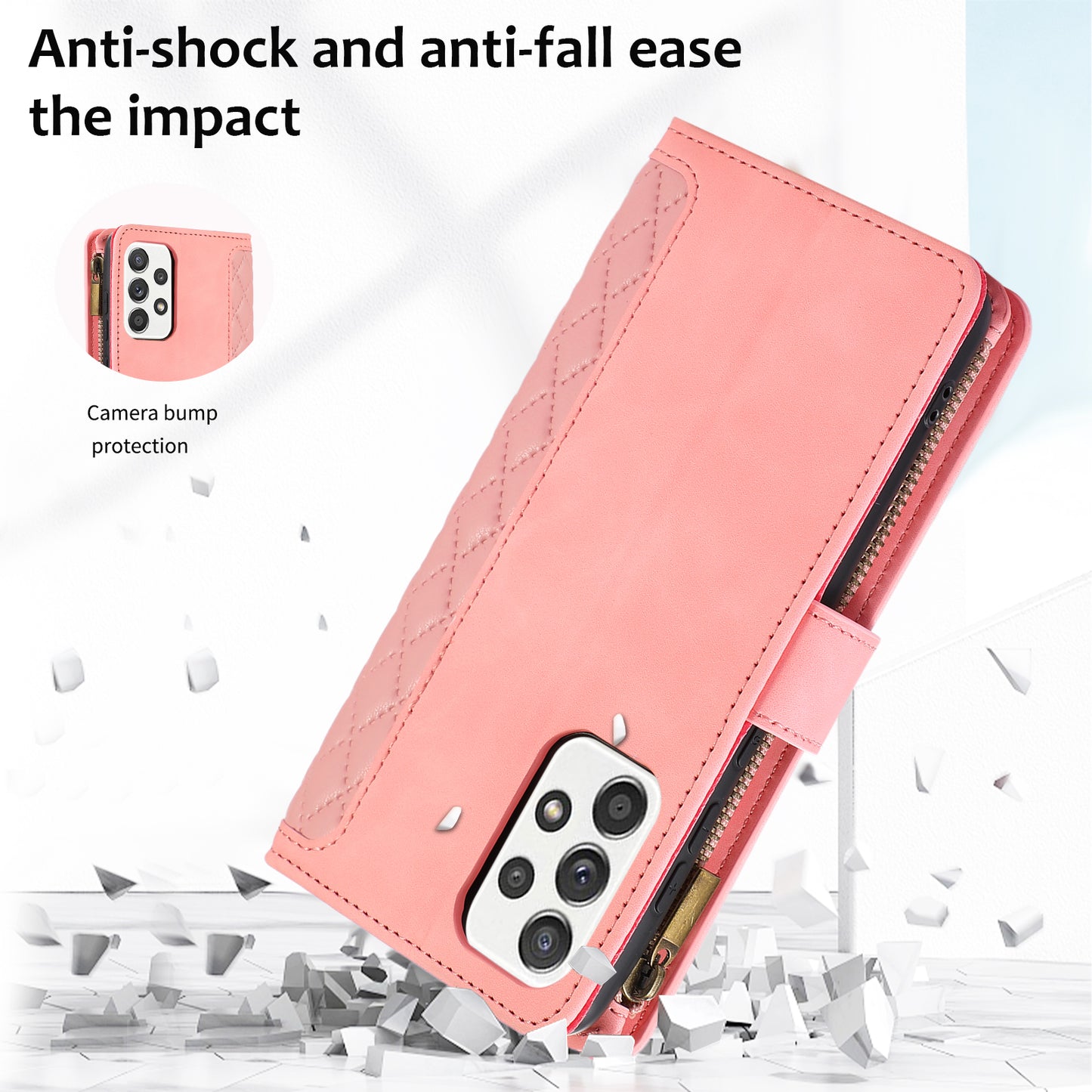 For Samsung Galaxy A52 4G / A52 5G / A52s 5G Zipper Pocket Leather Wallet Phone Case Rhombus Imprinted Stand Cover with 9 Card Slots