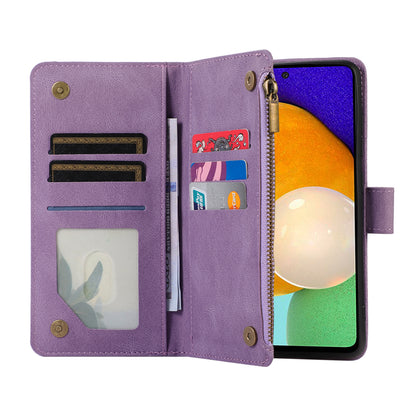 For Samsung Galaxy A52 4G / A52 5G / A52s 5G Zipper Pocket Leather Wallet Phone Case Rhombus Imprinted Stand Cover with 9 Card Slots