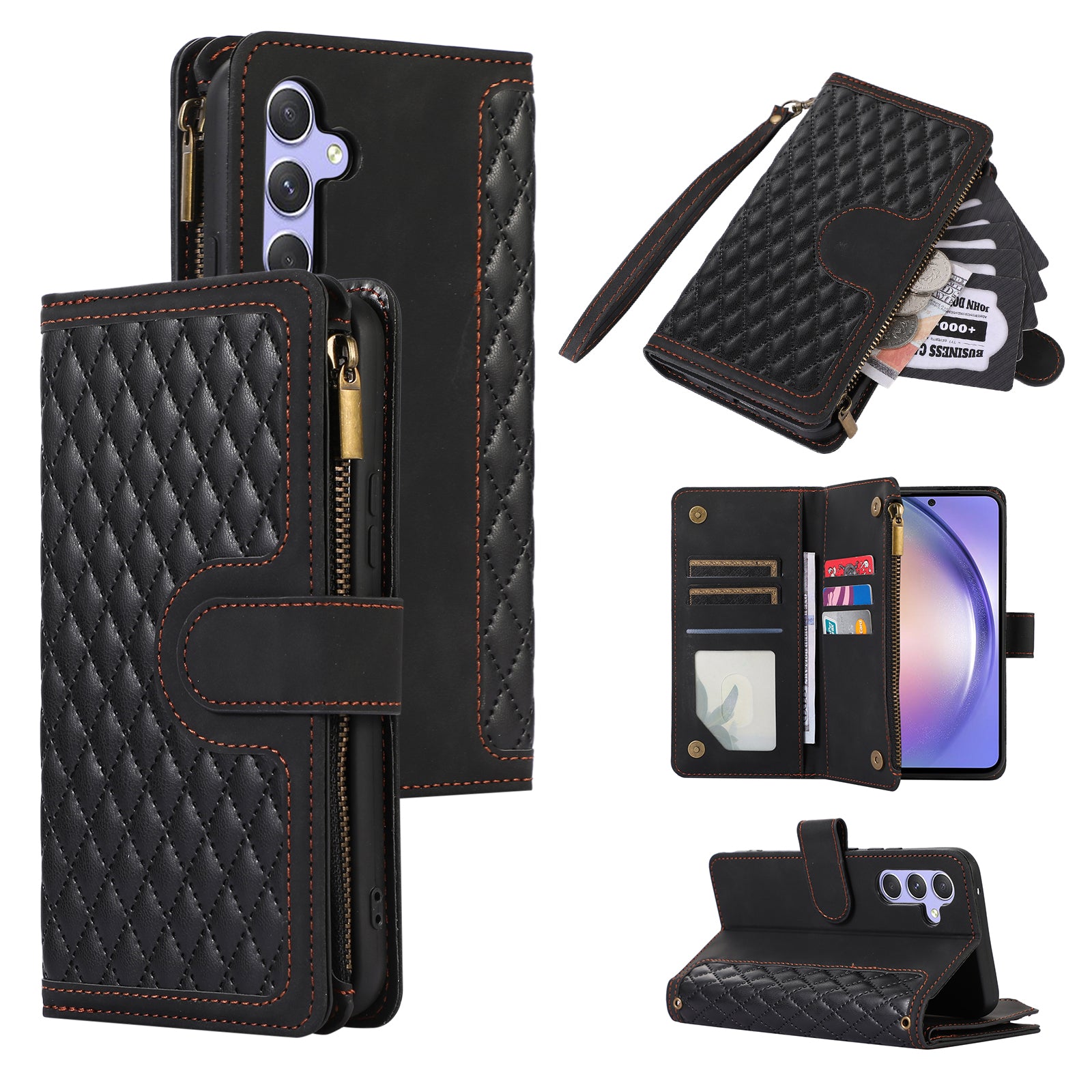 For Samsung Galaxy A54 5G Zipper Pocket 9 Card Slots Leather Phone Case Rhombus Imprint Wallet Stand Cover