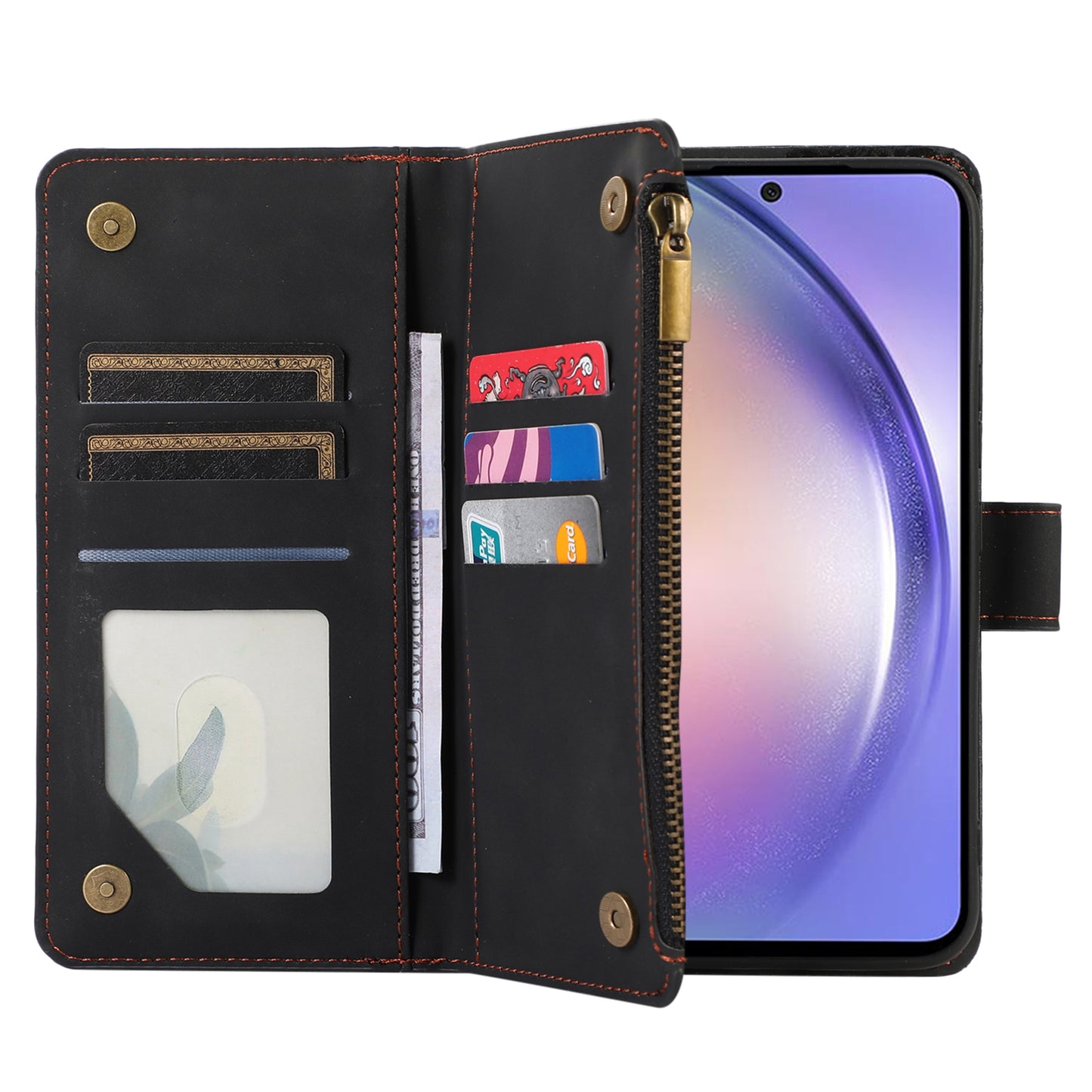 For Samsung Galaxy A54 5G Zipper Pocket 9 Card Slots Leather Phone Case Rhombus Imprint Wallet Stand Cover