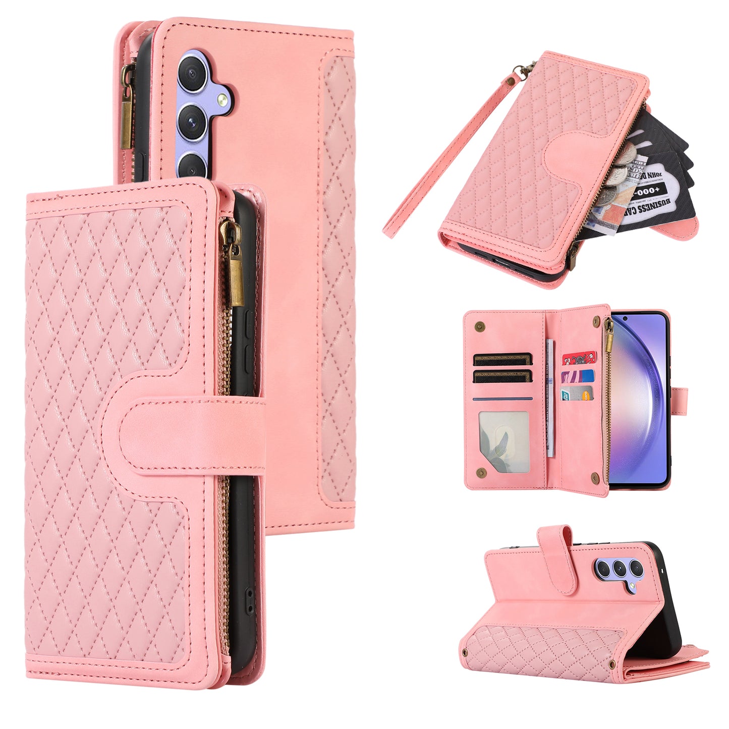 For Samsung Galaxy A54 5G Zipper Pocket 9 Card Slots Leather Phone Case Rhombus Imprint Wallet Stand Cover