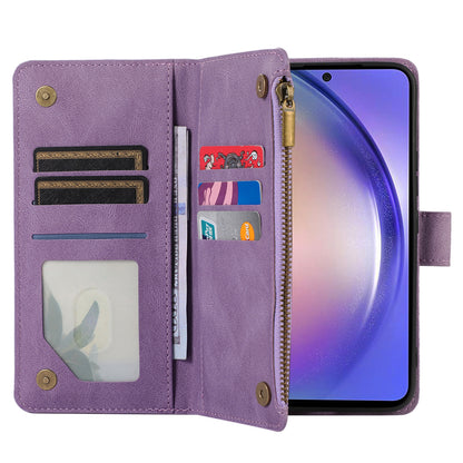 For Samsung Galaxy A54 5G Zipper Pocket 9 Card Slots Leather Phone Case Rhombus Imprint Wallet Stand Cover