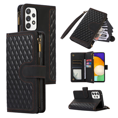 For Samsung Galaxy A13 5G / A13 4G PU Leather Zipper Pocket Wallet Shell 9 Card Slots Rhombus Imprint Stand Phone Case