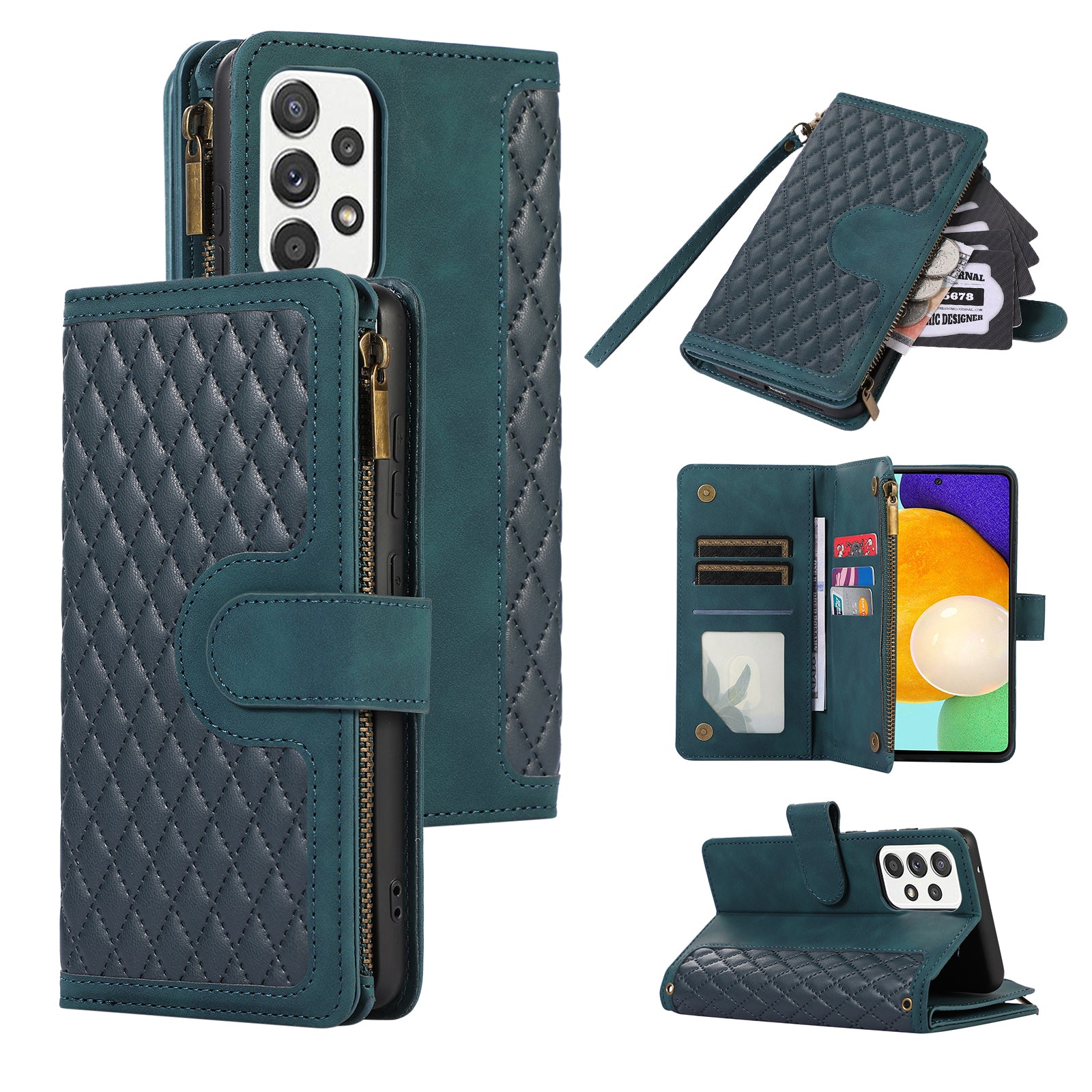 For Samsung Galaxy A13 5G / A13 4G PU Leather Zipper Pocket Wallet Shell 9 Card Slots Rhombus Imprint Stand Phone Case