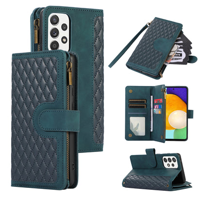 For Samsung Galaxy A13 5G / A13 4G PU Leather Zipper Pocket Wallet Shell 9 Card Slots Rhombus Imprint Stand Phone Case