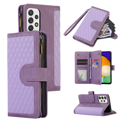 For Samsung Galaxy A13 5G / A13 4G PU Leather Zipper Pocket Wallet Shell 9 Card Slots Rhombus Imprint Stand Phone Case