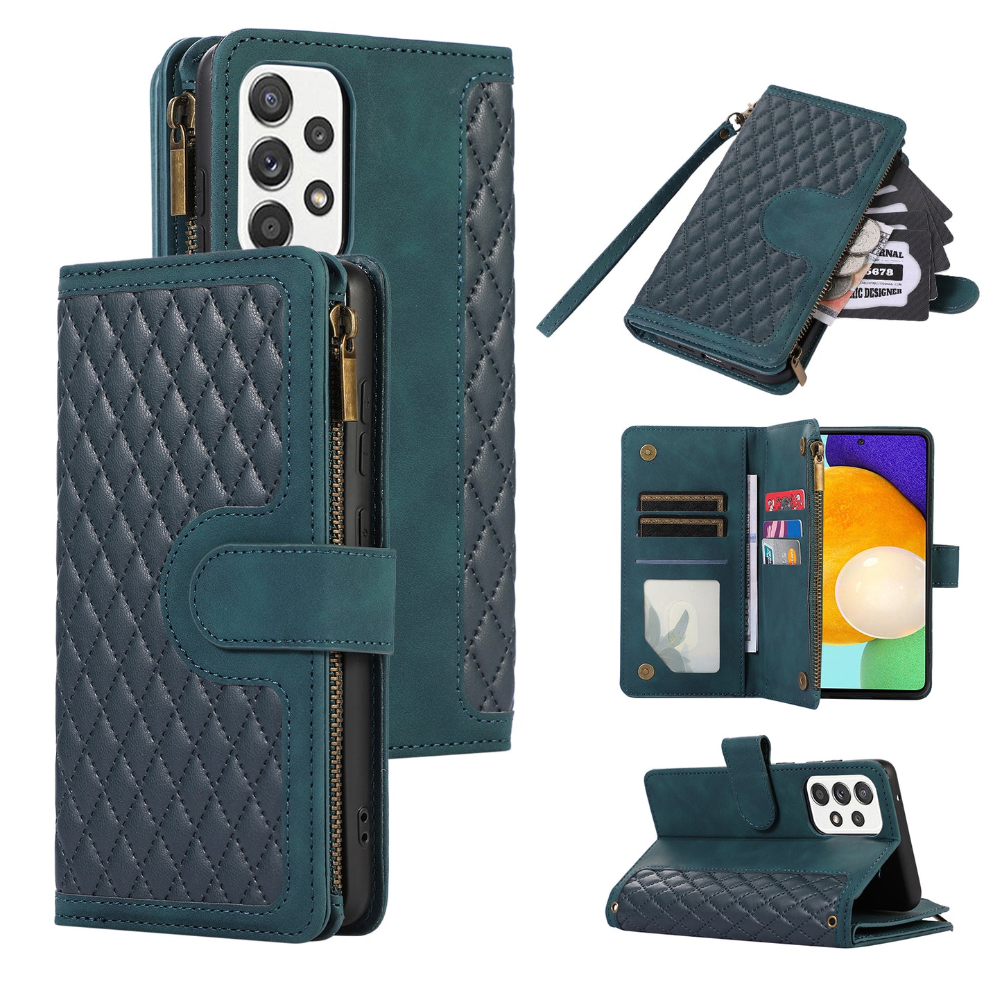 For Samsung Galaxy A23 4G / A23 5G (Global Version) Zipper Pocket Phone Case Imprinted Leather Wallet Stand Cover with 9 Card Slots