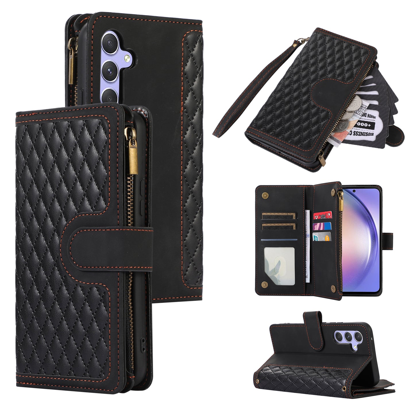 For Samsung Galaxy A24 4G Zipper Pocket Wallet Stand Phone Case 9 Card Slots Imprinted Leather Shell