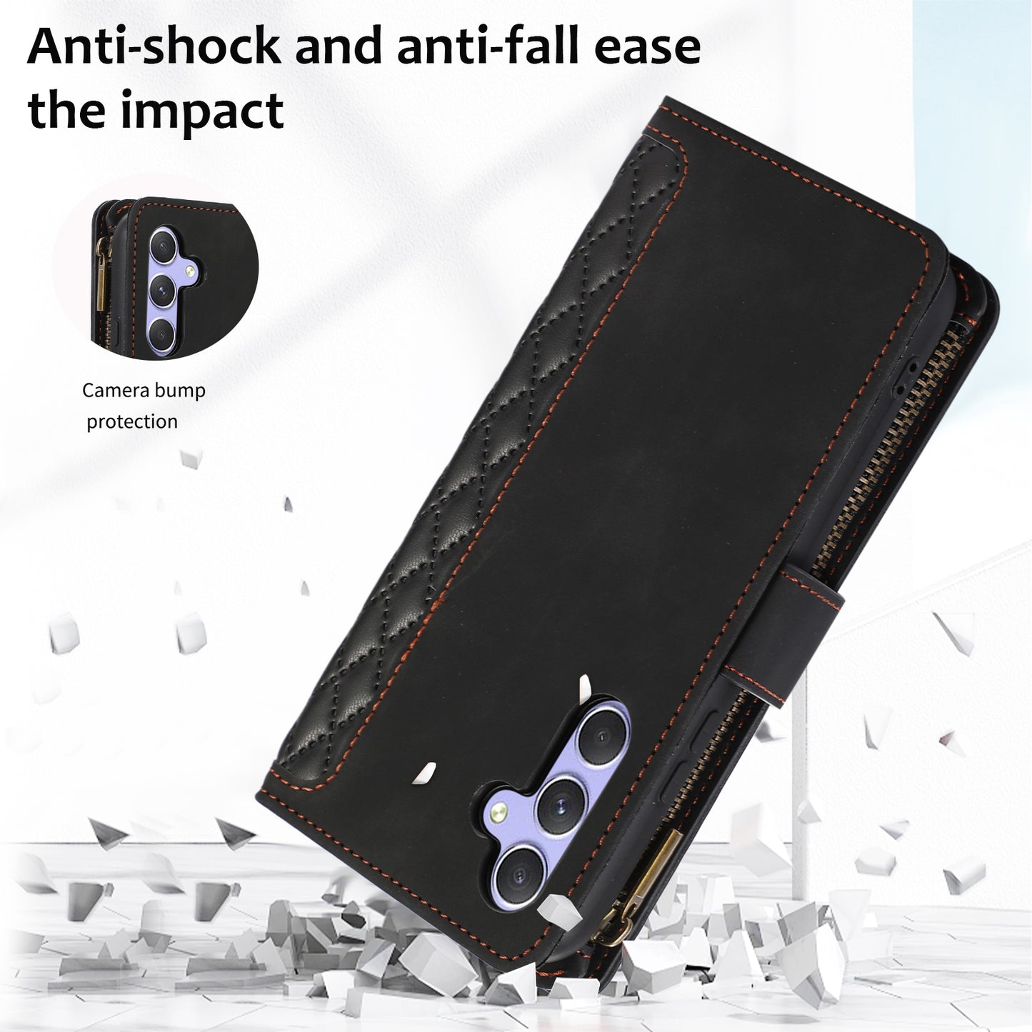 For Samsung Galaxy A24 4G Zipper Pocket Wallet Stand Phone Case 9 Card Slots Imprinted Leather Shell