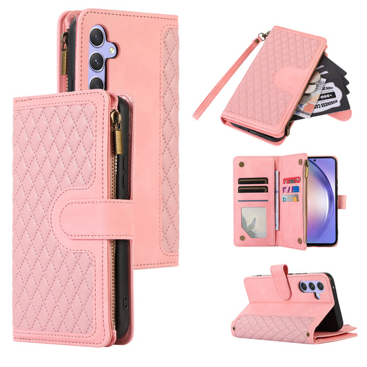 For Samsung Galaxy A24 4G Zipper Pocket Wallet Stand Phone Case 9 Card Slots Imprinted Leather Shell