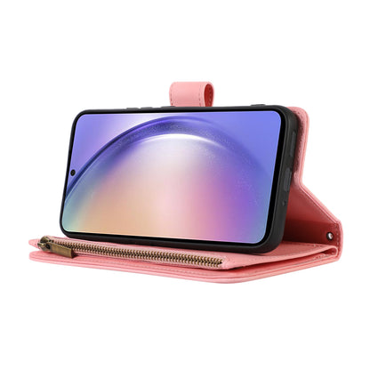 For Samsung Galaxy A24 4G Zipper Pocket Wallet Stand Phone Case 9 Card Slots Imprinted Leather Shell