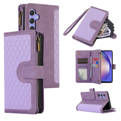 For Samsung Galaxy A24 4G Zipper Pocket Wallet Stand Phone Case 9 Card Slots Imprinted Leather Shell