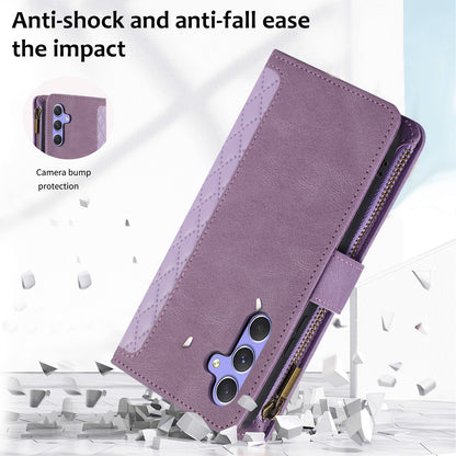 For Samsung Galaxy A24 4G Zipper Pocket Wallet Stand Phone Case 9 Card Slots Imprinted Leather Shell